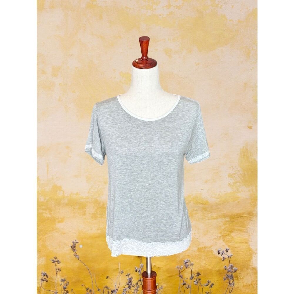 Kathy Ireland Short Sleeve Pajama Lounge Top Lace Trim Gray Med - Picture 7 of 8